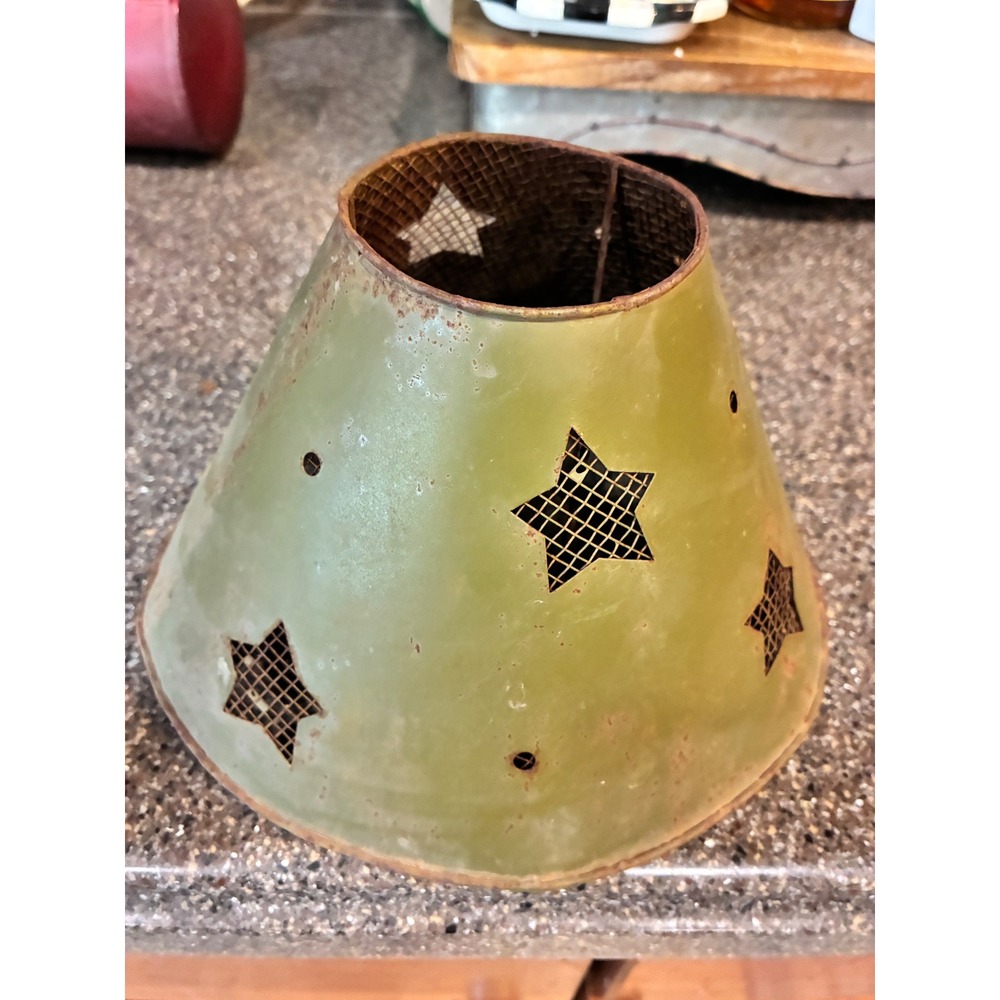 Primitive Rustic Metal Star Cutout Lamp Shade Sage Green Mesh Farmhouse Decor